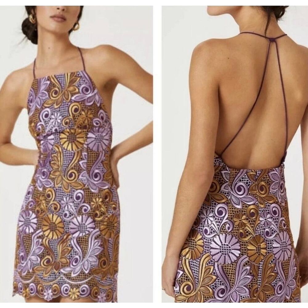 By Anthropologie Purple Floral Embroidered Shift Dress Size 8 Boho Mini